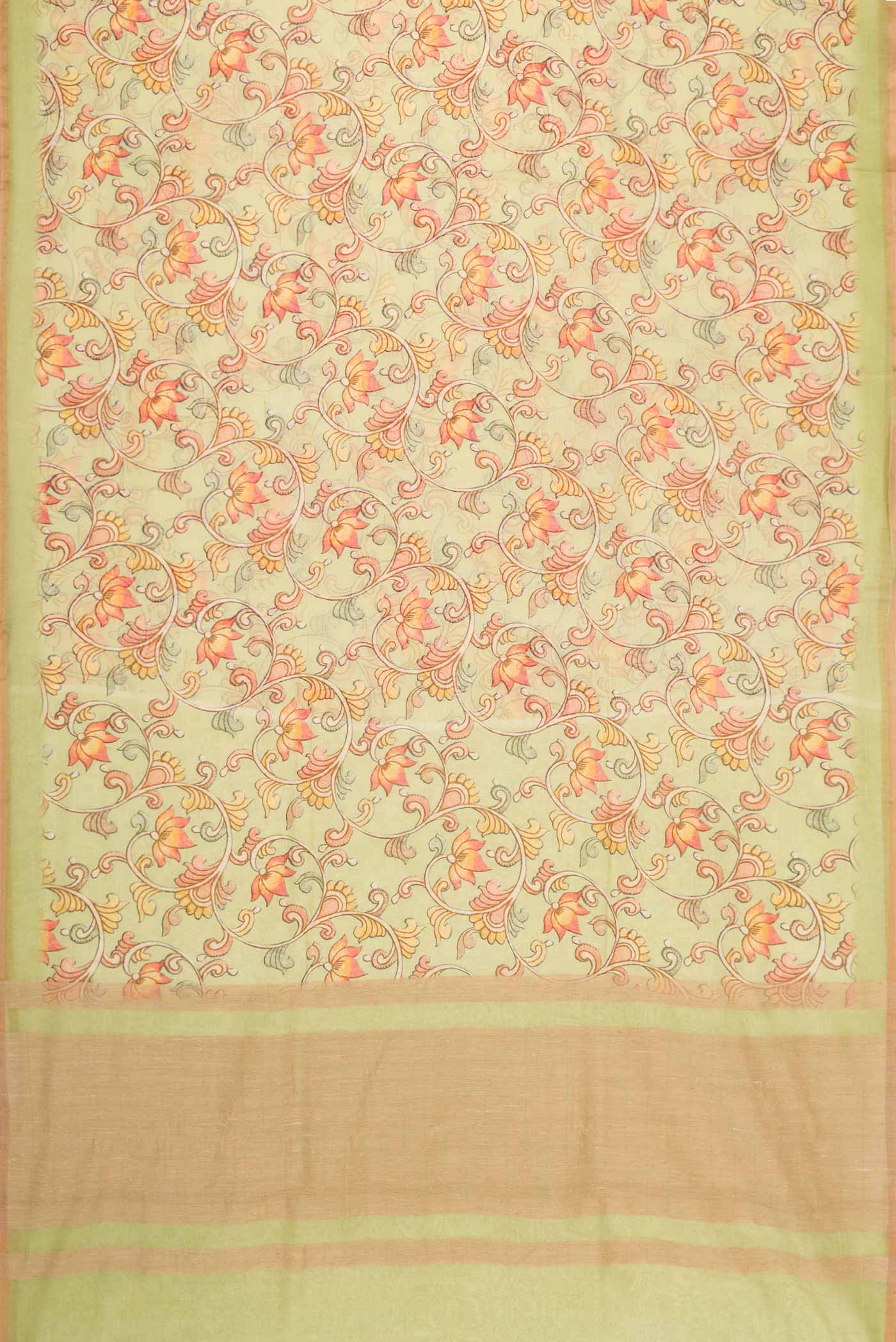 Flat view of Pista Green Dual Tone Chanderi Silk Saree with kalamkari Print on the body and Zari Border. 