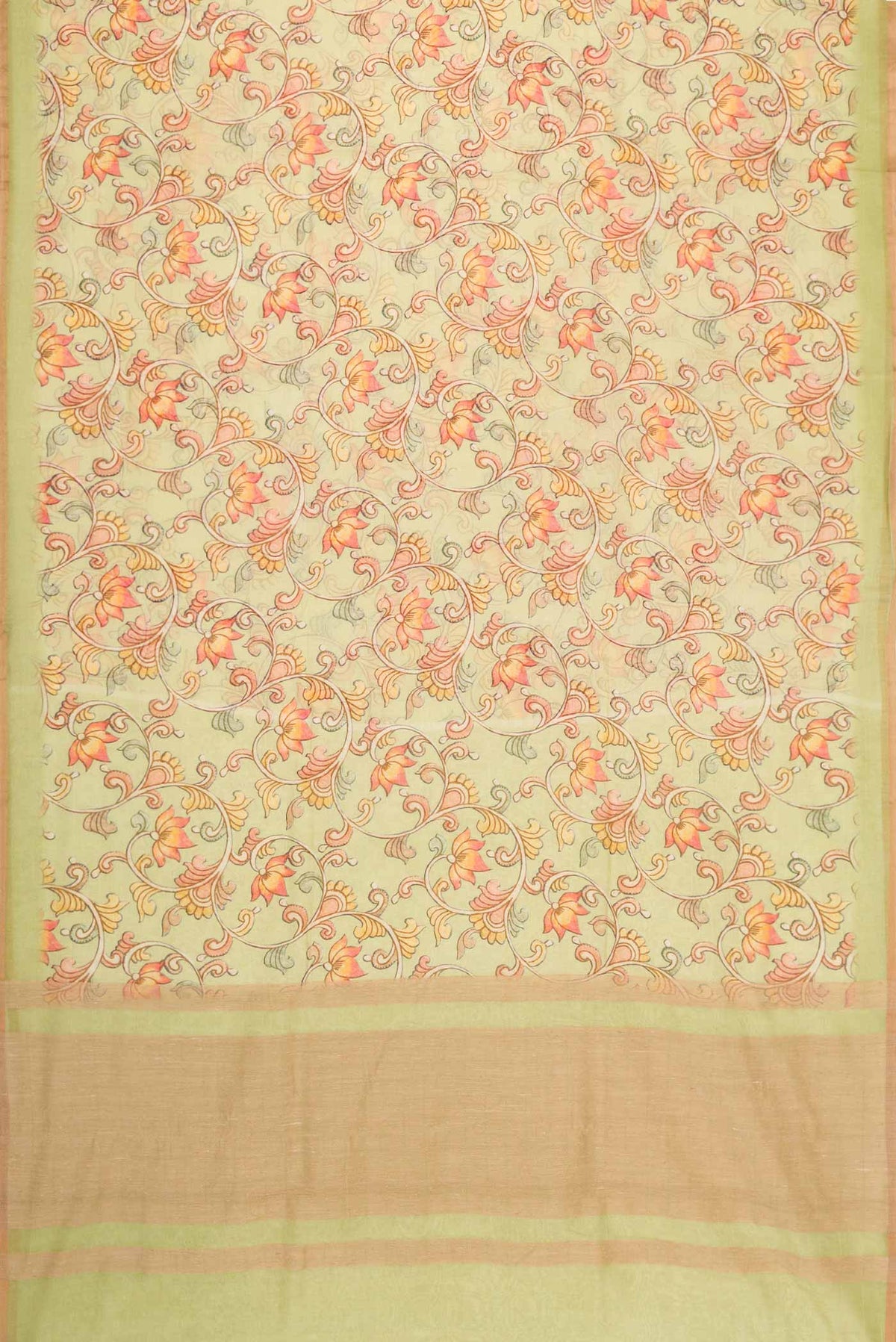 Flat view of Pista Green Dual Tone Chanderi Silk Saree with kalamkari Print on the body and Zari Border. 