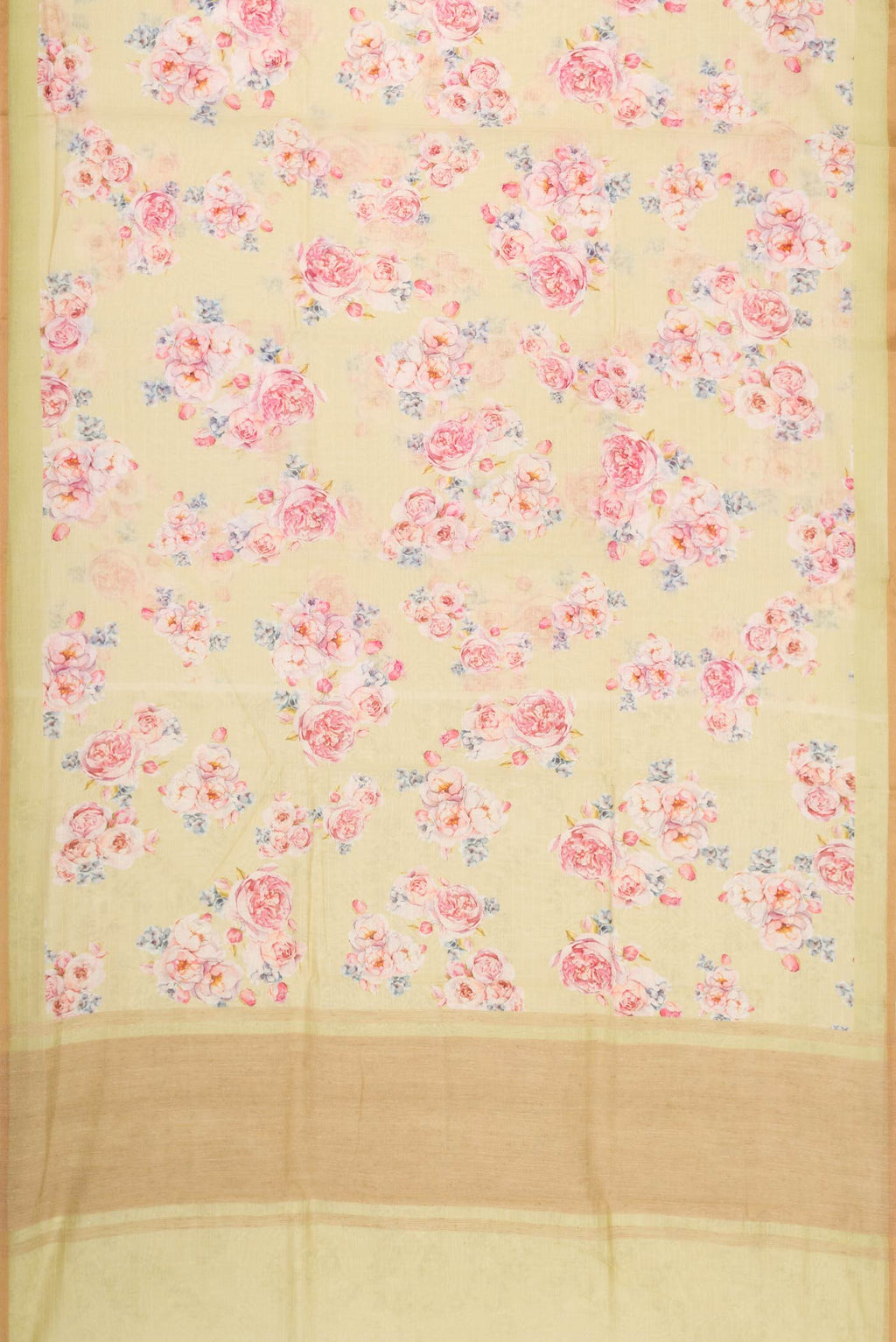 Flat view of Pista Green Dual Tone Chanderi Silk Saree with Printed design on the body and Zari Border. 