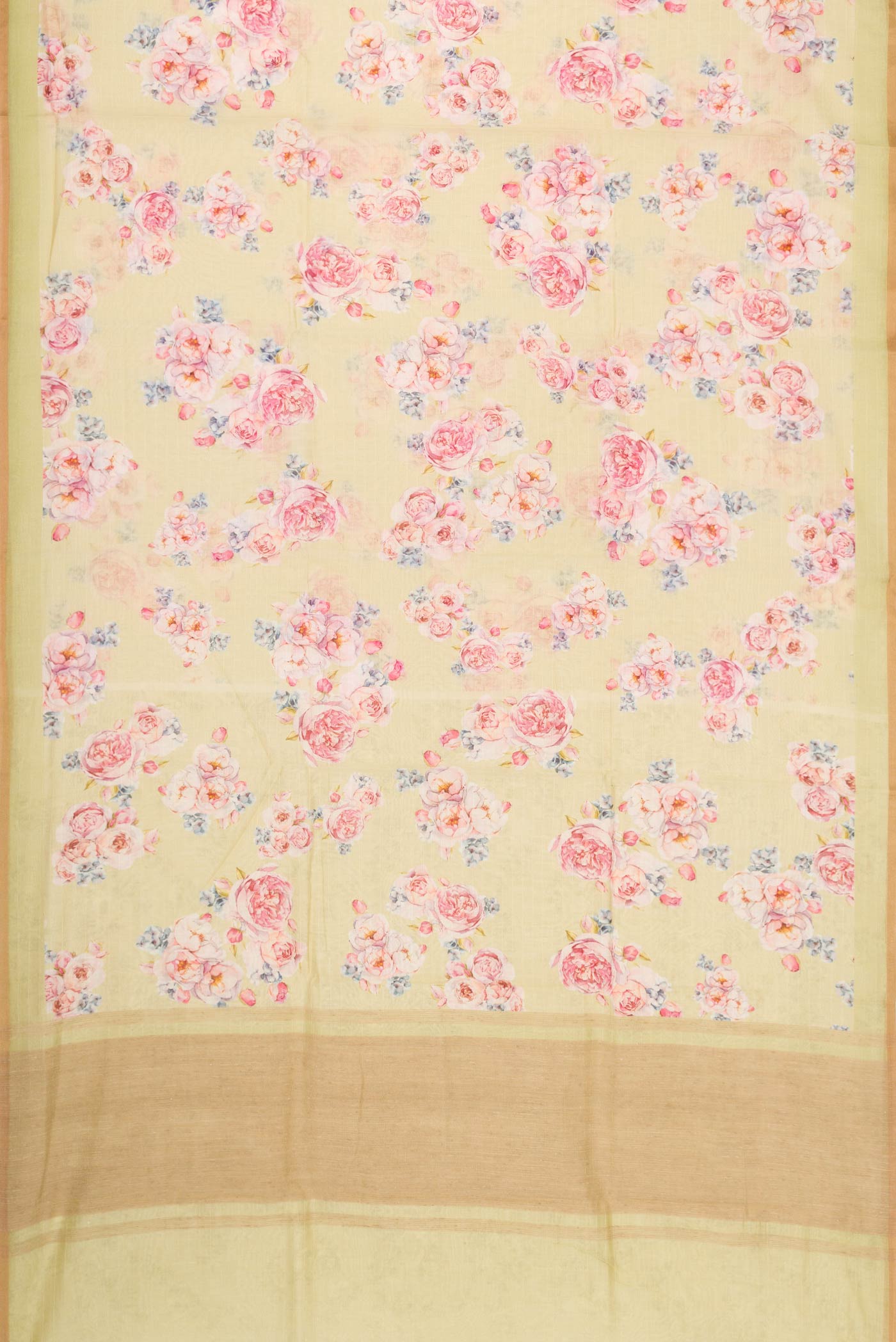 Flat view of Pista Green Dual Tone Chanderi Silk Saree with Printed design on the body and Zari Border. 