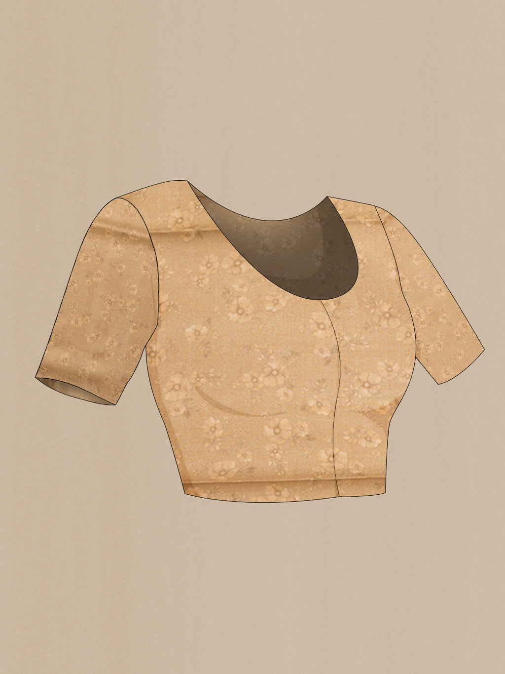 Close up image of the blouse of Brown Tussar Silk Saree with Printed design on the body and Plain Border. 