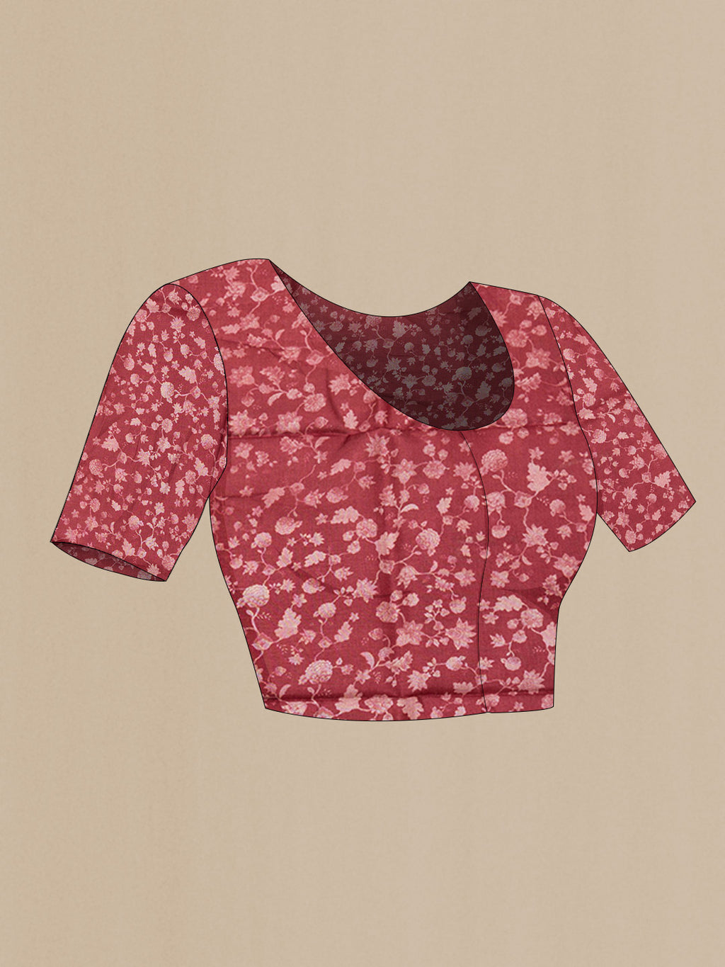 Close up image of the blouse of Maroon Dual Tone Tussar Silk Saree with Printed design on the body and Printed Border. 