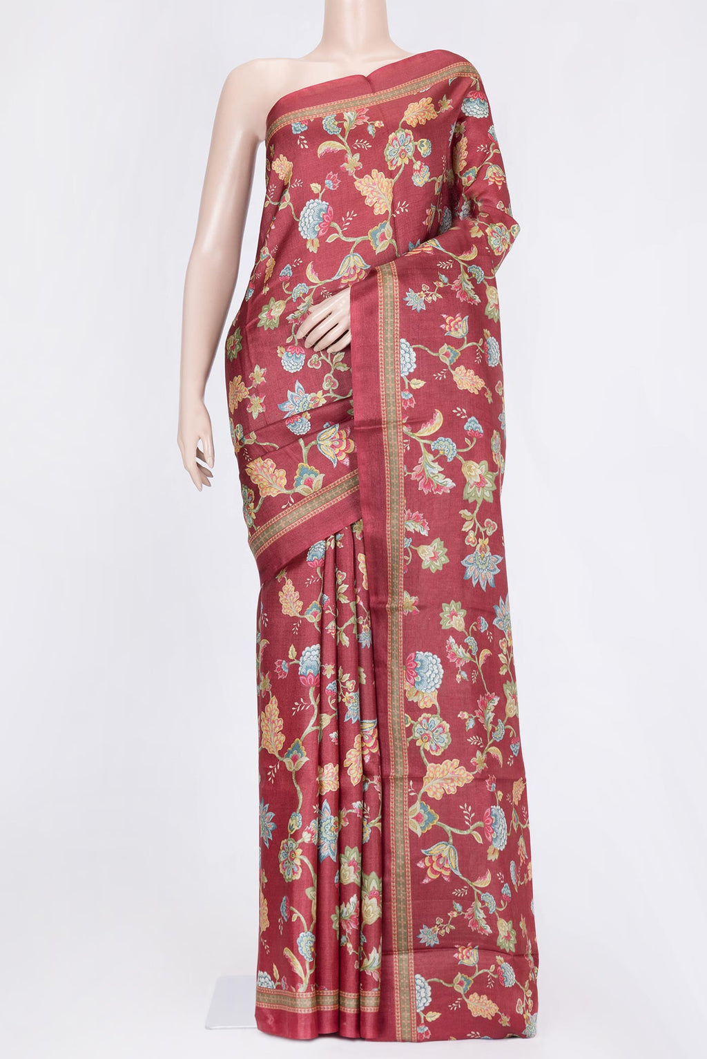 Maroon Dual Tone Tussar Silk Saree with Printed design on the body and Printed Border.  displayed on a mannequin