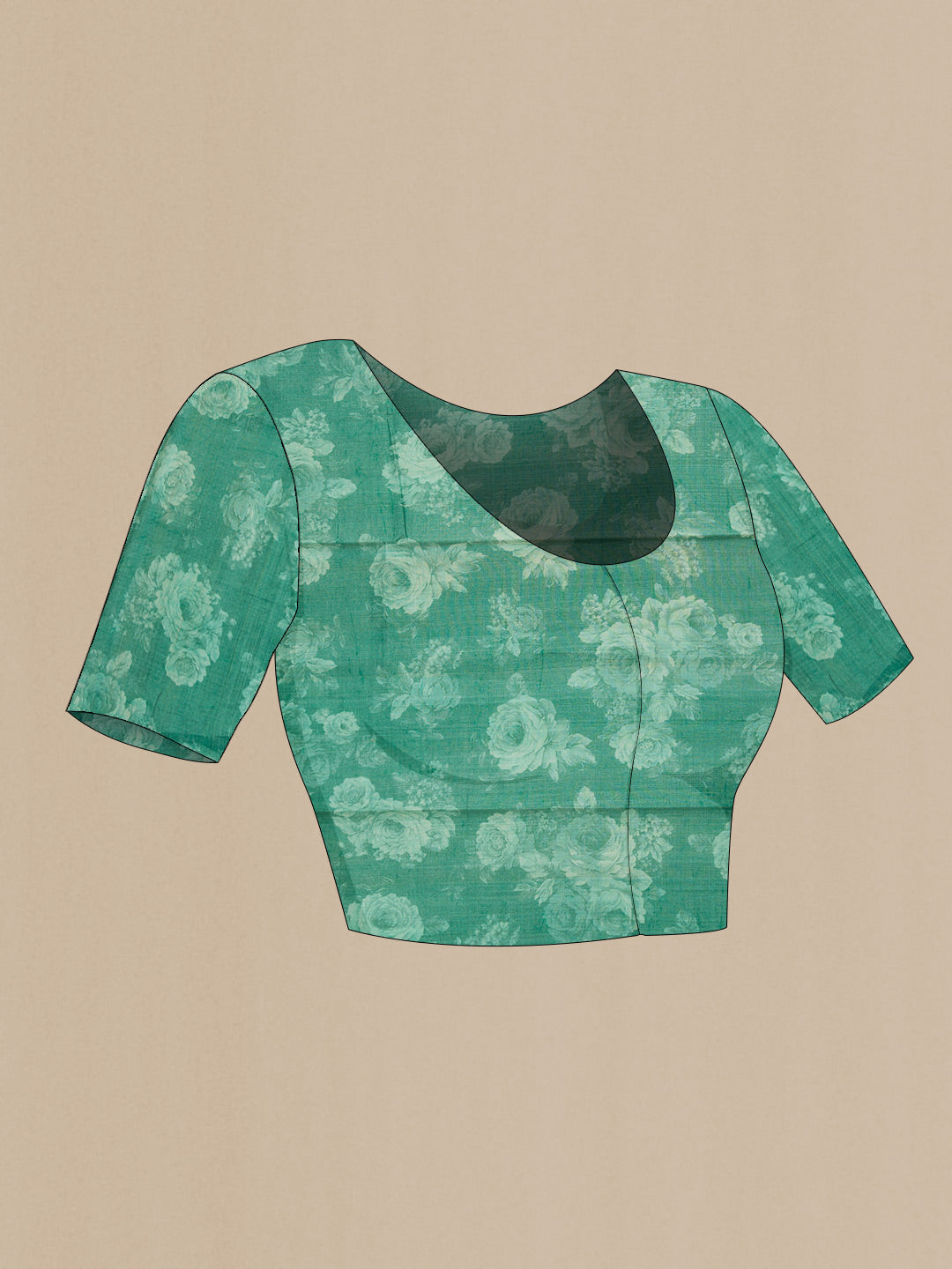 Close up image of the blouse of Green Dual Tone Tussar Silk Saree with Printed design on the body and Zari Border. 