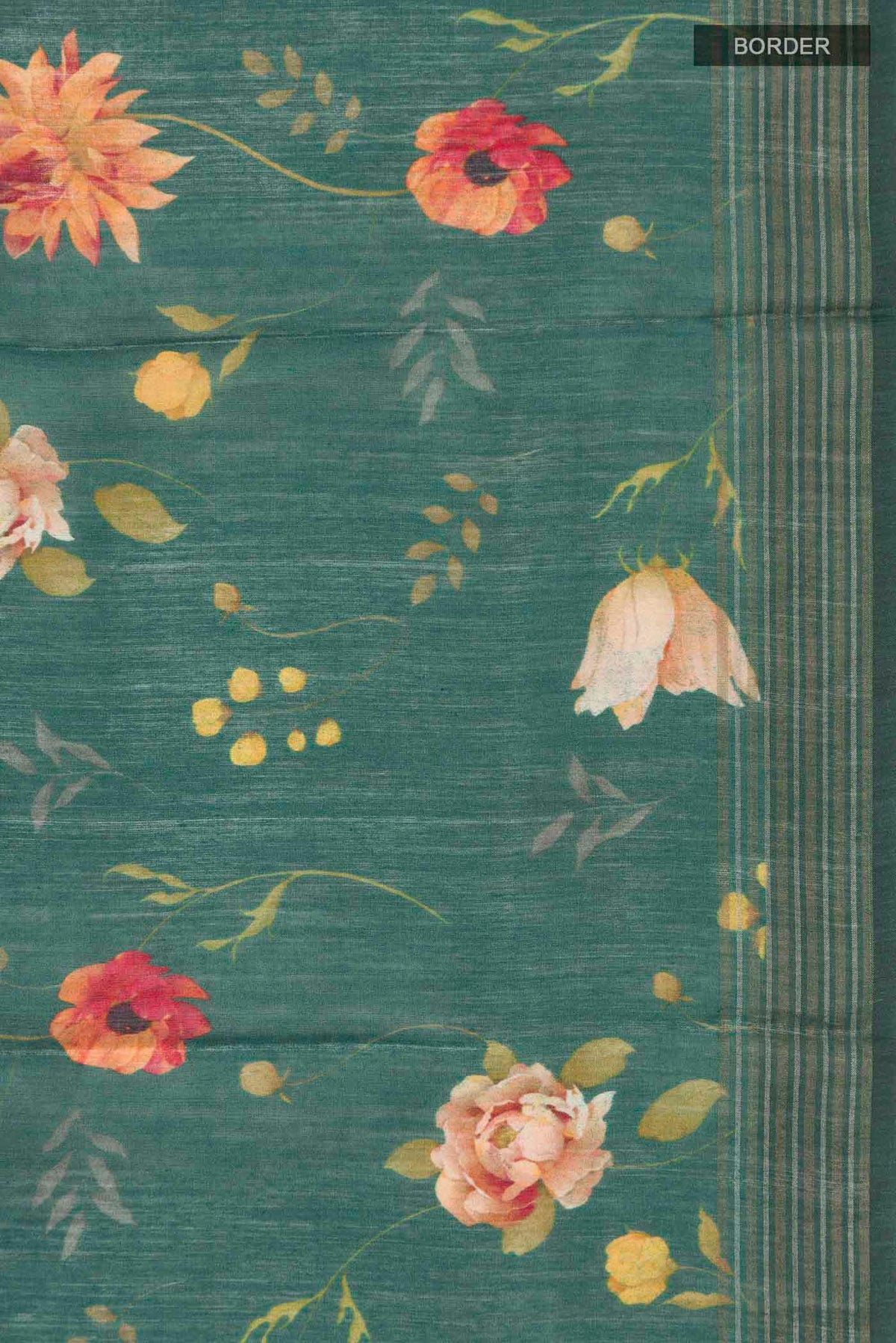Border image of Green Tussar Silk Saree with Printed design on the body and Zari Border
