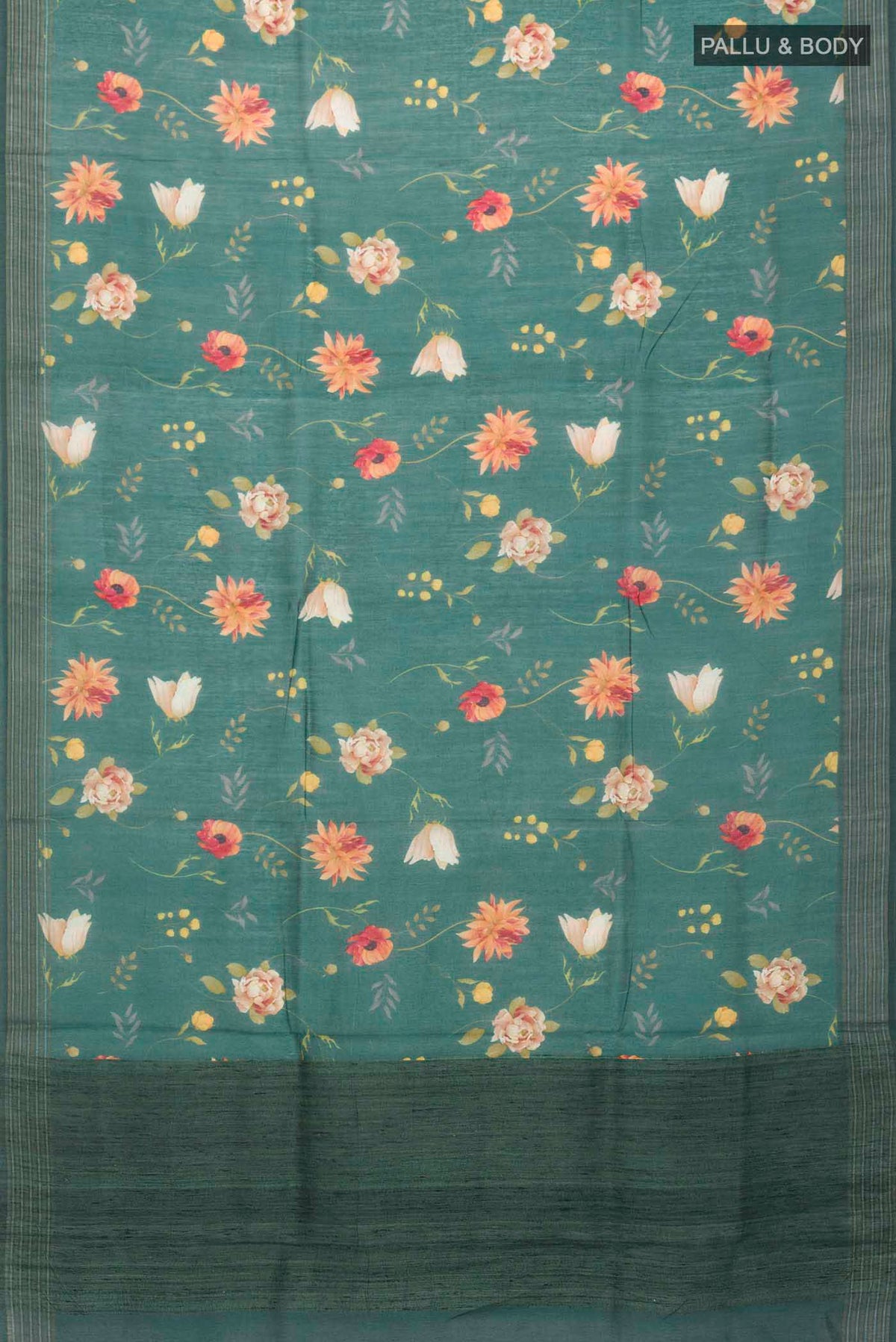 Flat view of Green Tussar Silk Saree with Printed design on the body and Zari Border