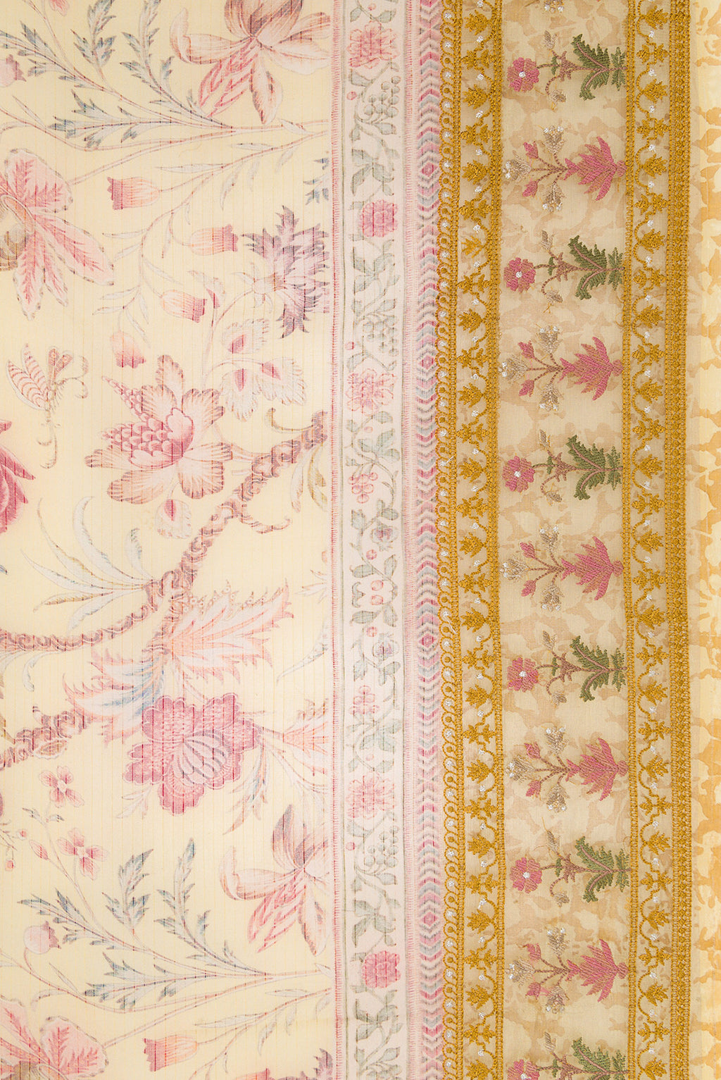 Border image of Mustard Dual Tone Organza Silk Saree with Printed design on the body and Embroidery Border. 