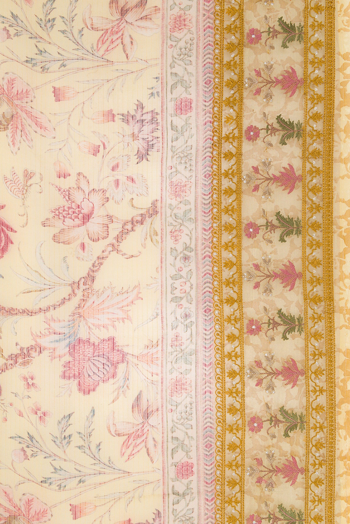 Border image of Mustard Dual Tone Organza Silk Saree with Printed design on the body and Embroidery Border. 