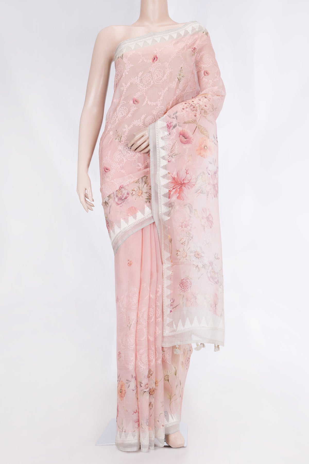 Pink Dual Tone Organza Silk Saree with Embroidery on the body and Embroidery Border displayed on a mannequin