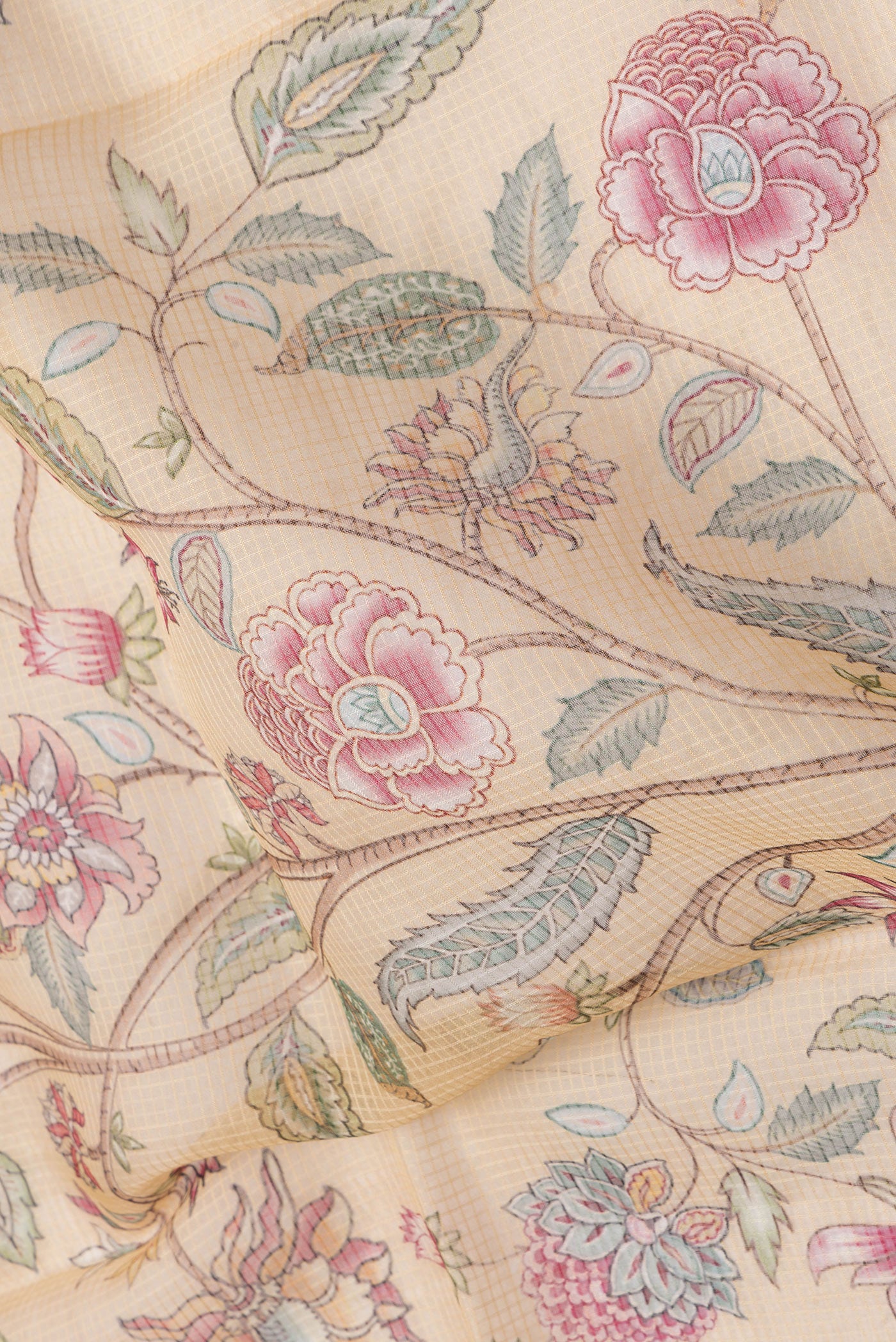 Close up of Sandal Dual Tone Kota Silk Saree with Printed design on the body and Embroidery Border.  displaying folds