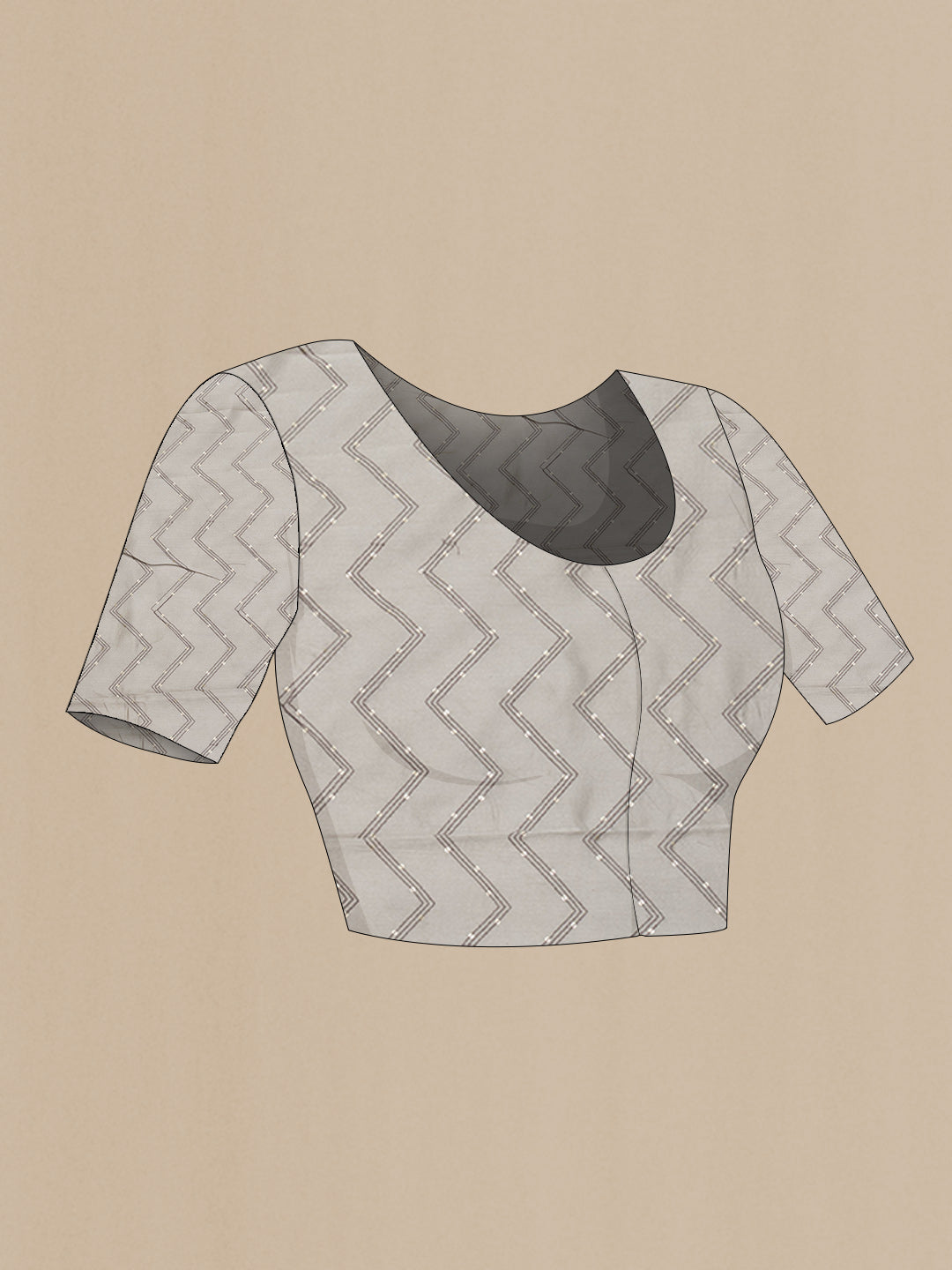 Close up image of the blouse of Grey Dual Tone Kota Silk Saree with Printed design on the body and Zari Border