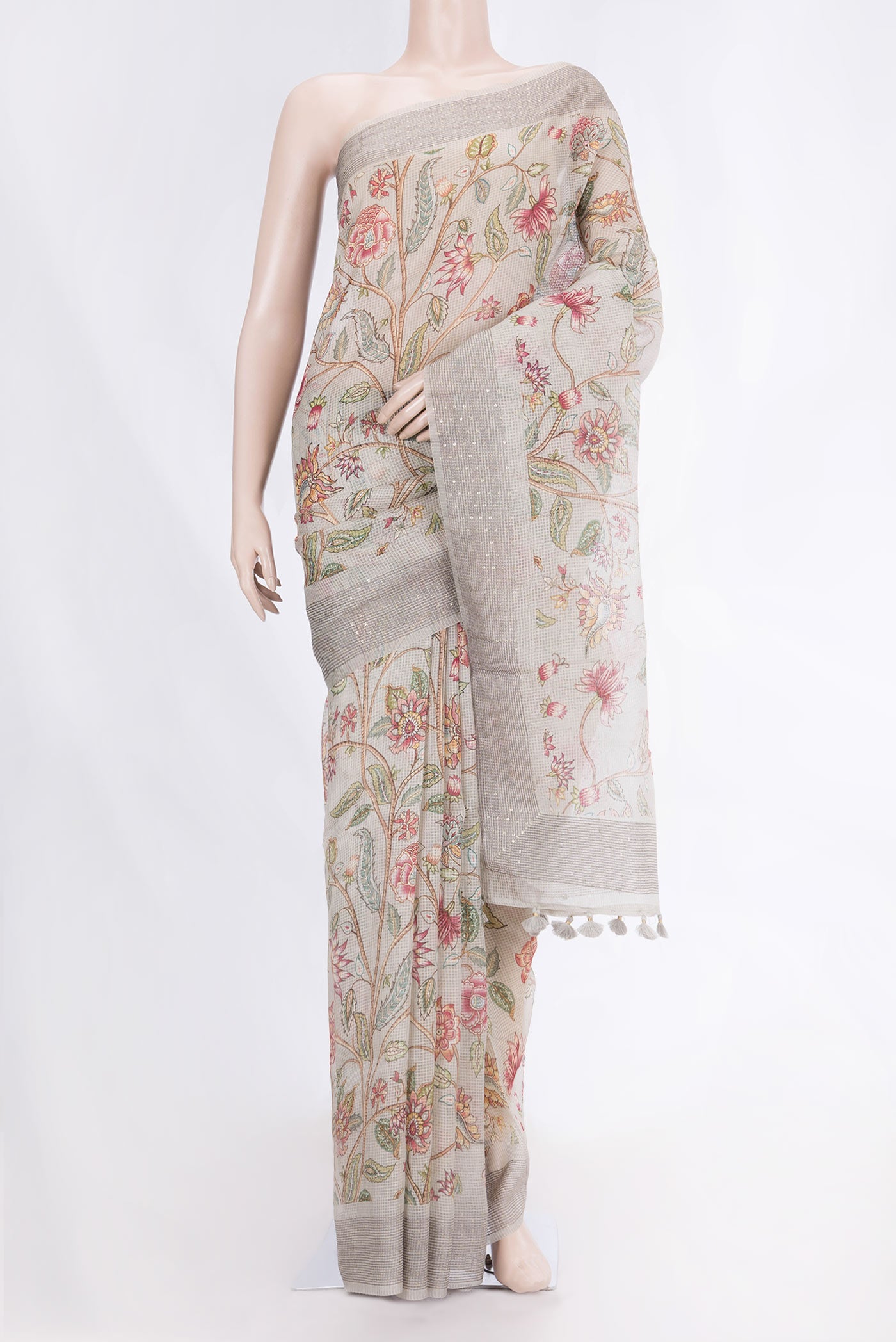Grey Dual Tone Kota Silk Saree with Printed design on the body and Zari Border displayed on a mannequin