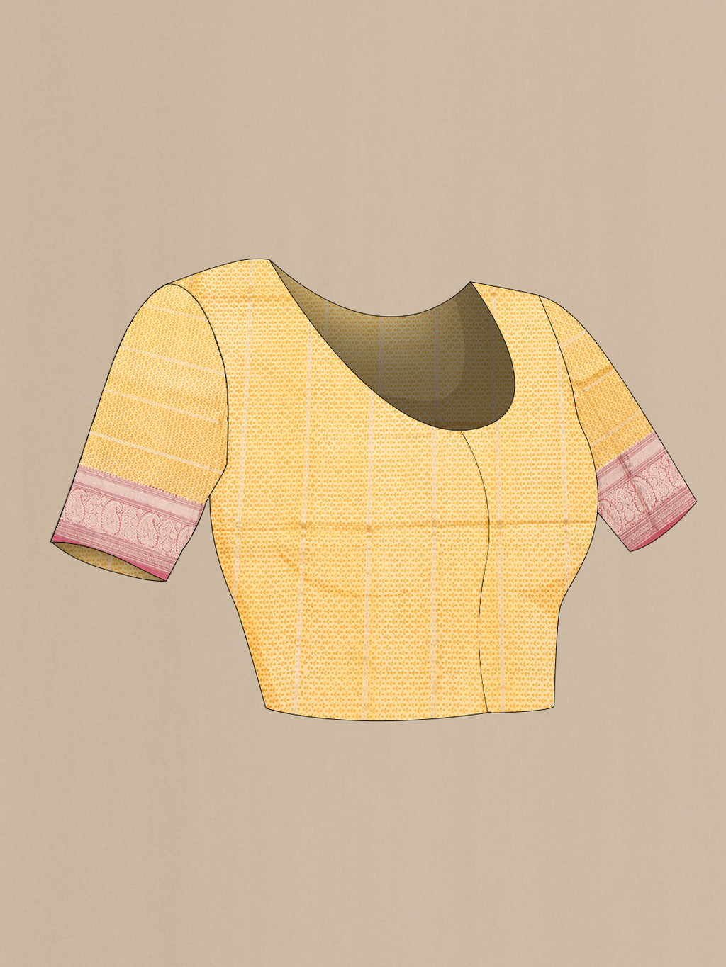 Close up image of the blouse of Yellow Dual Tone Kanchipuram Silk Saree with Printed design on the body and Zari Border. 