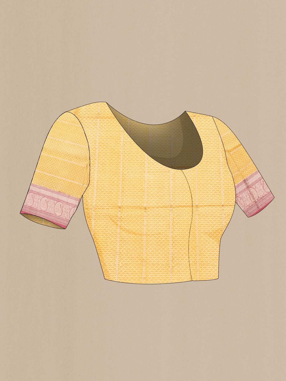 Close up image of the blouse of Yellow Dual Tone Kanchipuram Silk Saree with Printed design on the body and Zari Border. 