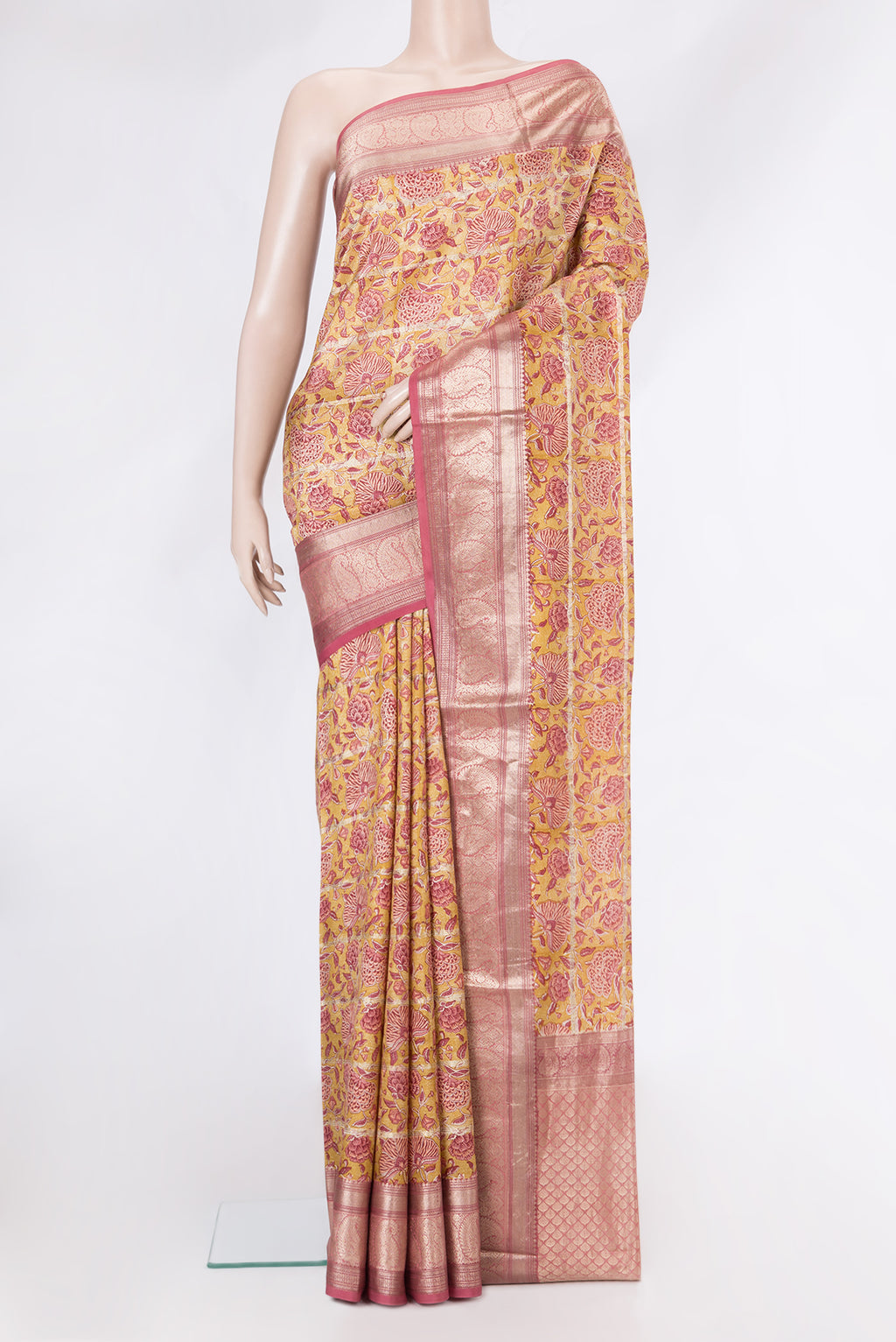Yellow Dual Tone Kanchipuram Silk Saree with Printed design on the body and Zari Border.  displayed on a mannequin
