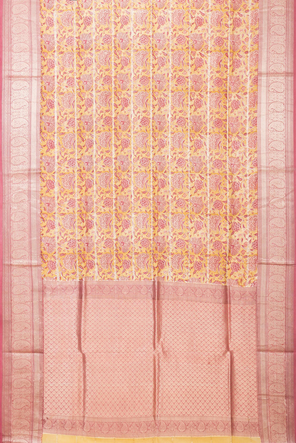 Flat view of Yellow Dual Tone Kanchipuram Silk Saree with Printed design on the body and Zari Border. 