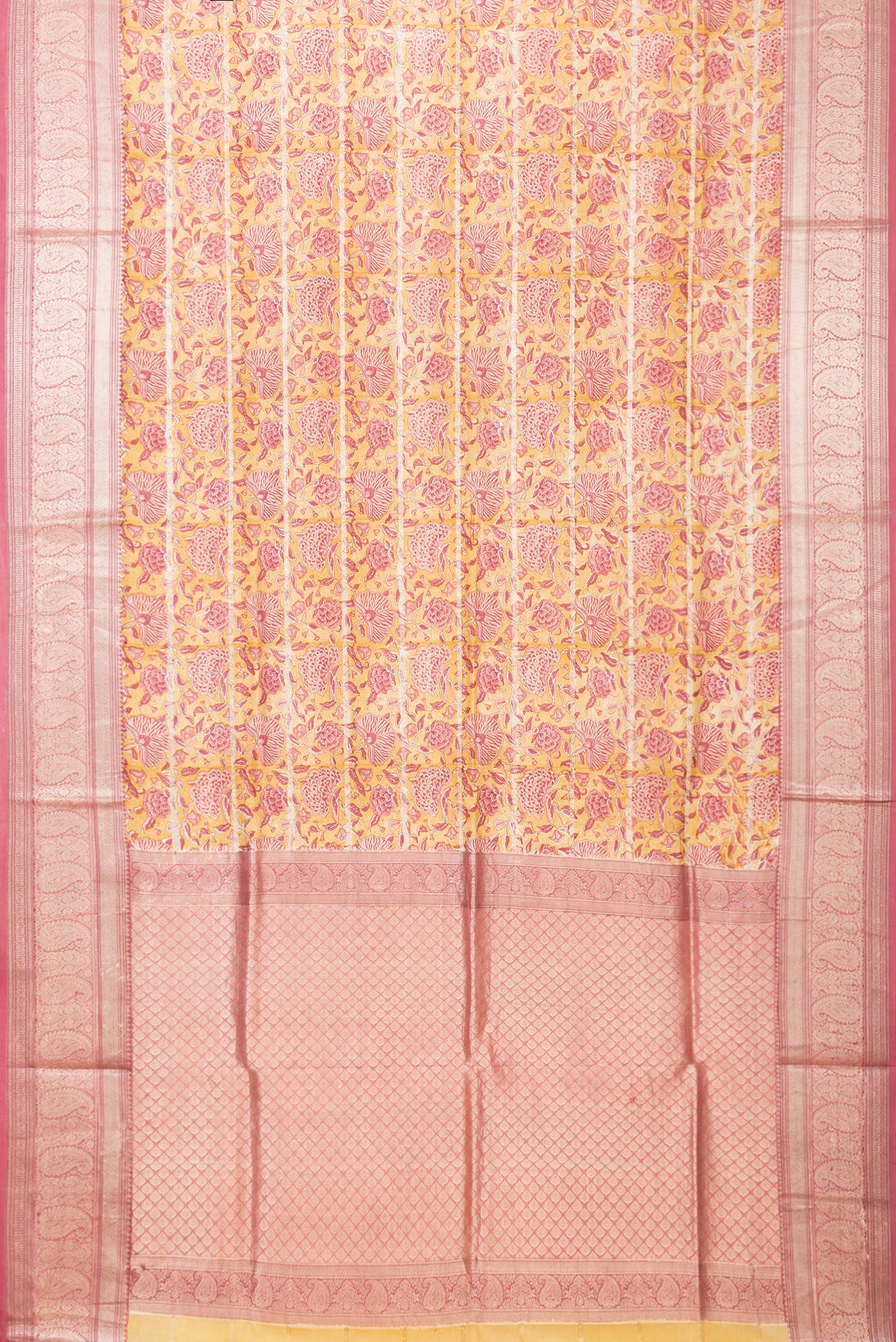 Flat view of Yellow Dual Tone Kanchipuram Silk Saree with Printed design on the body and Zari Border. 