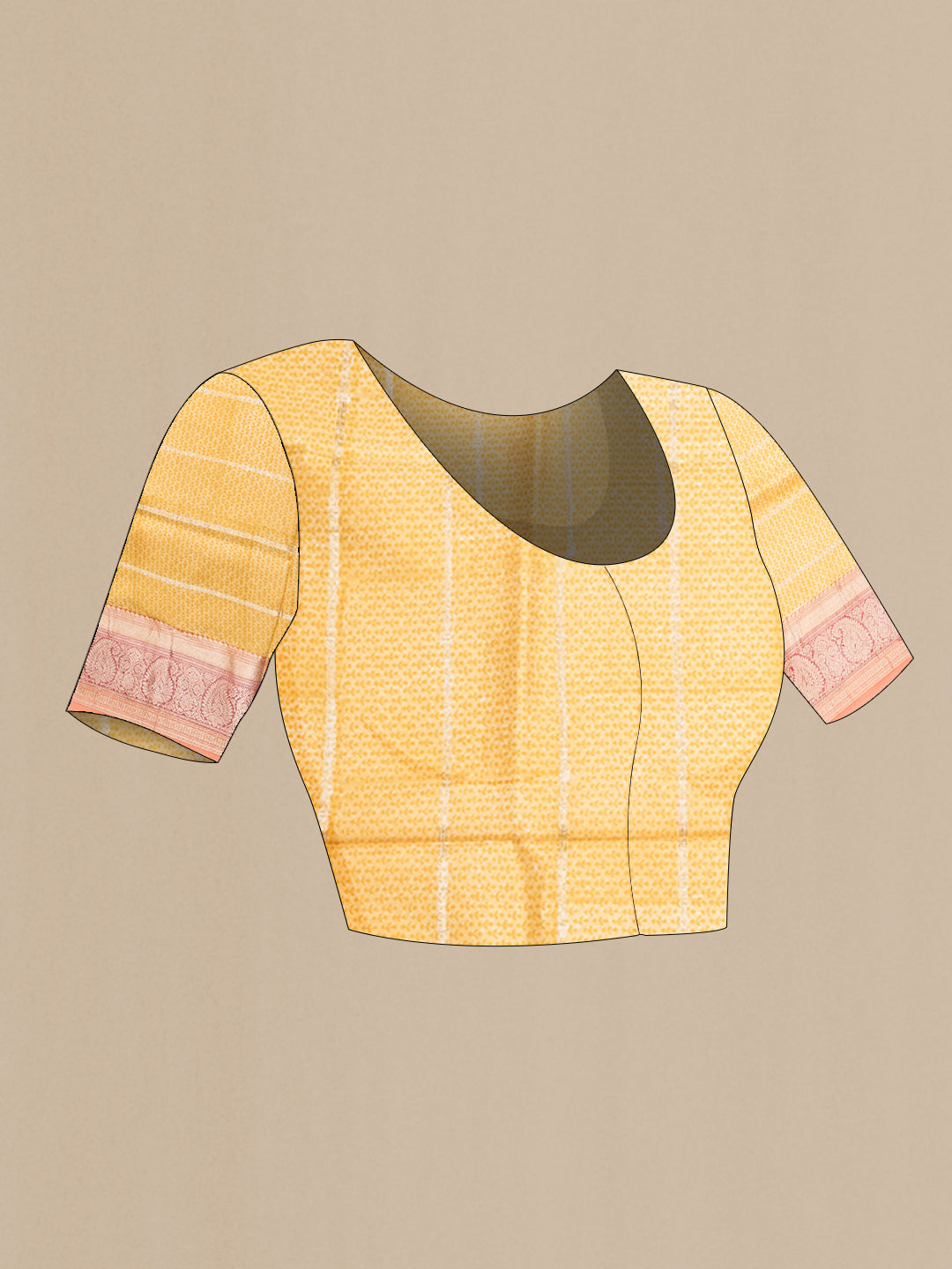 Close up image of the blouse of Pure Silk Mustard Kanchipuram Saree with Printed design on the body and Zari Border. 