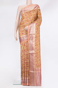 Pure Silk Mustard Kanchipuram Saree with Printed design on the body and Zari Border.  displayed on a mannequin