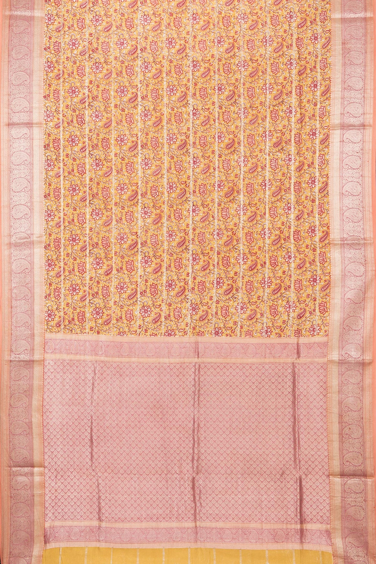 Flat view of Pure Silk Mustard Kanchipuram Saree with Printed design on the body and Zari Border. 