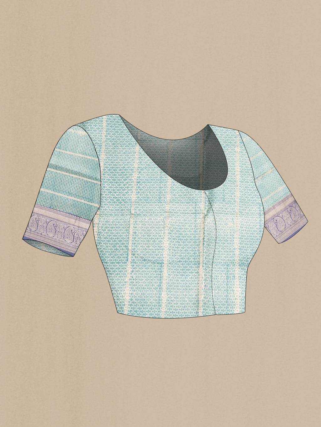 Close up image of the blouse of Pure Silk Light Blue Kanchipuram Saree with Printed design on the body and Zari Border. 