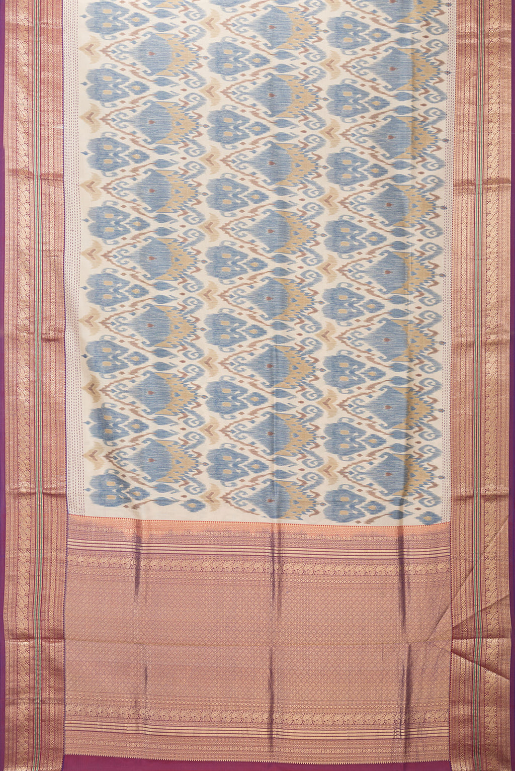Flat view of Dark Beige Dual Tone Kanchipuram Silk Saree with Ikat Print on the body and Zari Border. 