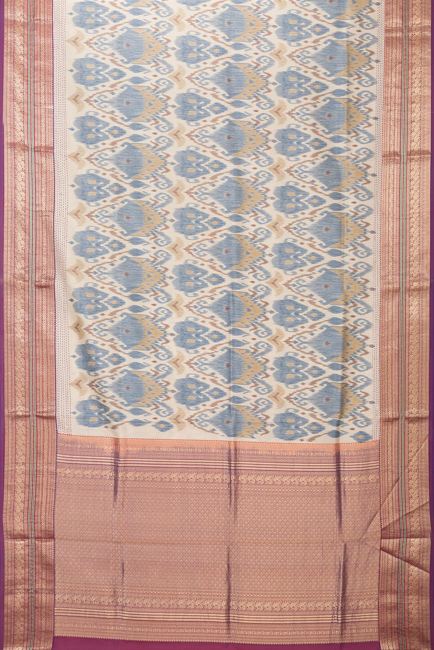 Flat view of Dark Beige Dual Tone Kanchipuram Silk Saree with Ikat Print on the body and Zari Border. 