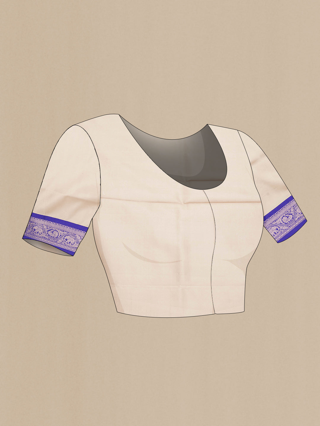 Close up image of the blouse of Beige Dual Tone Kanchipuram Silk Saree with Printed design on the body and Zari Border. 