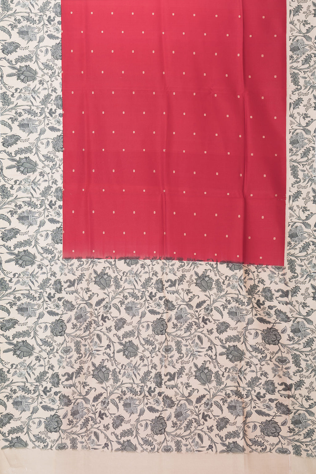 Flat view of Red Dual Tone Kanchipuram Silk Saree with Zari Butta on the body and Fancy Border. 