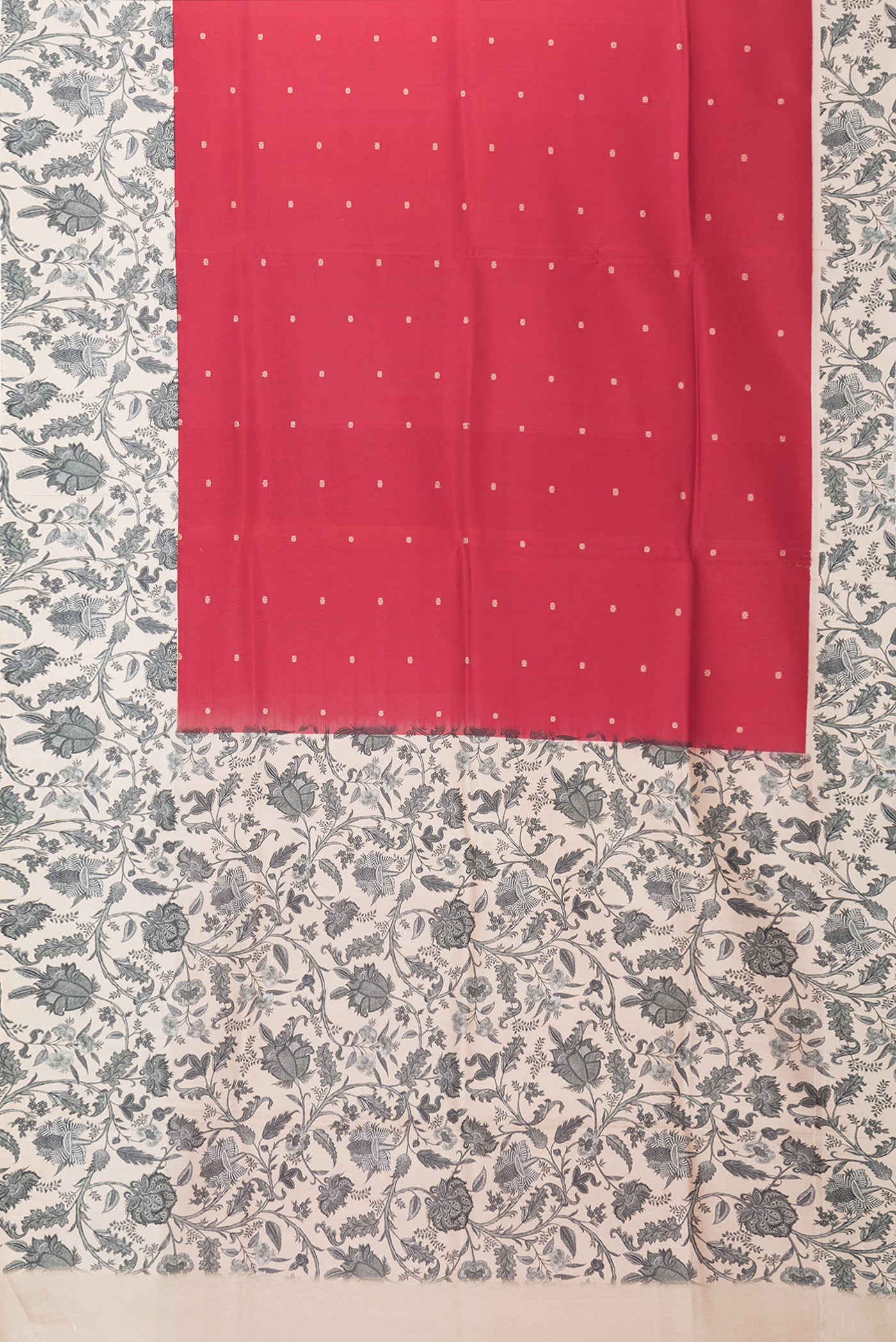 Flat view of Red Dual Tone Kanchipuram Silk Saree with Zari Butta on the body and Fancy Border. 