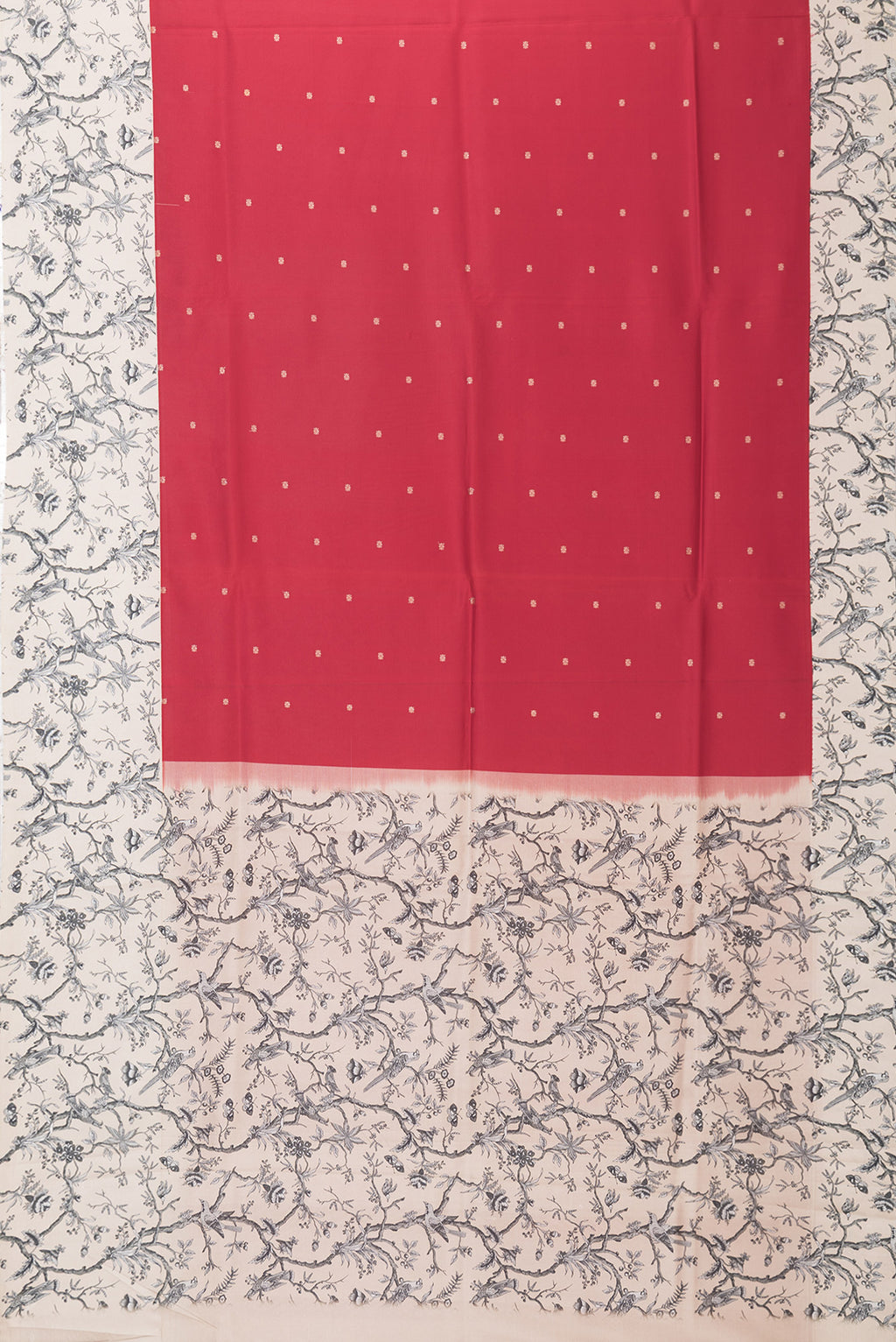 Flat view of Red Dual Tone Kanchipuram Silk Saree with Zari Butta on the body and Fancy Border. 