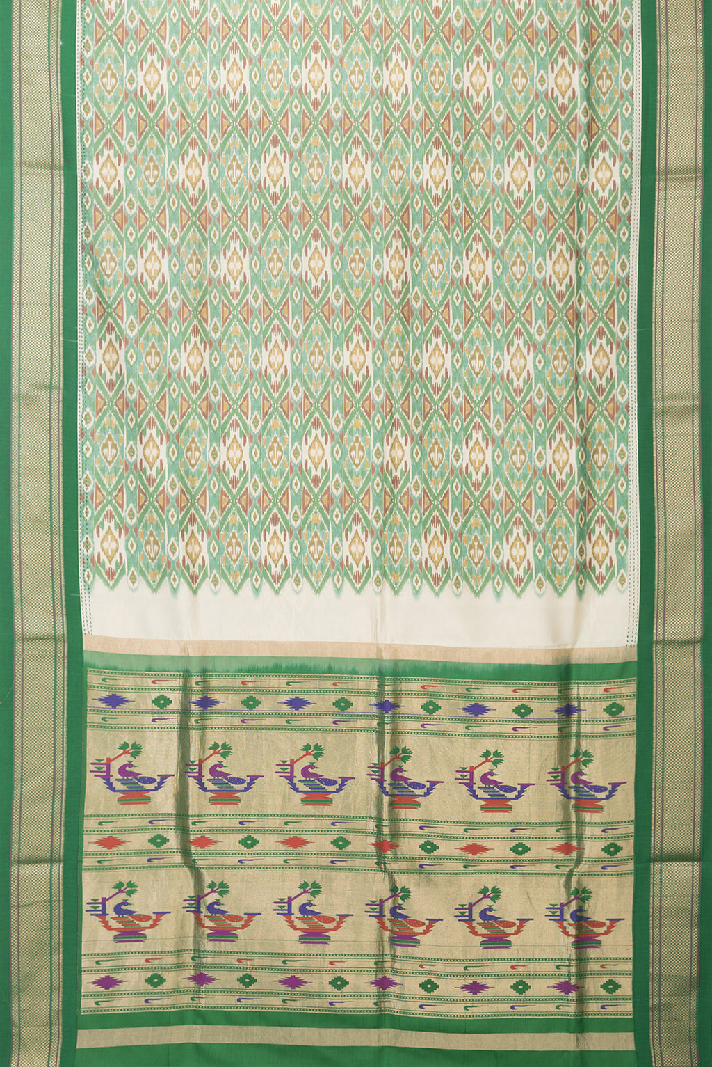 Flat view of Green Dual Tone Paithani Silk Saree with Ikat Print on the body and Paithani Border. 