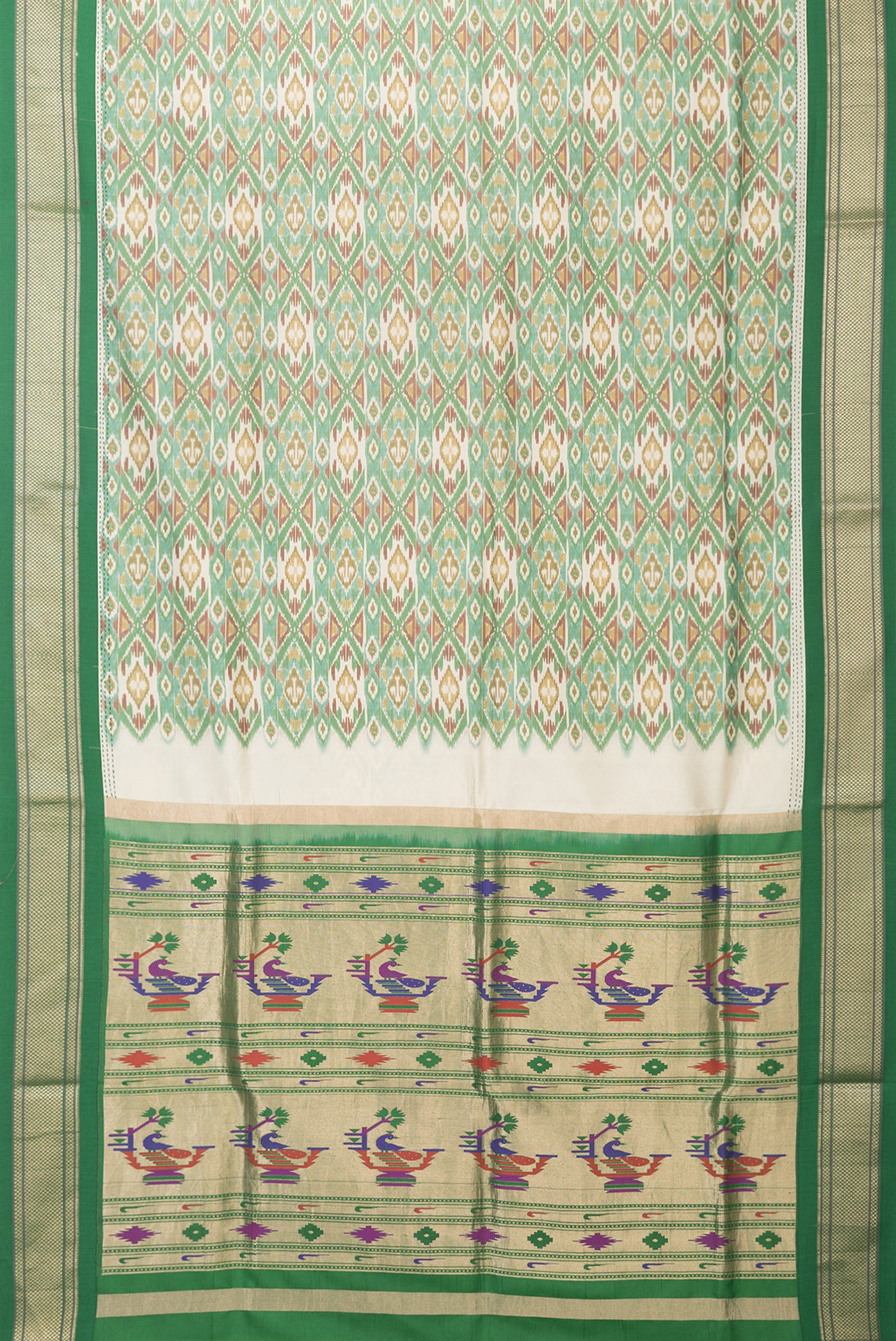 Flat view of Green Dual Tone Paithani Silk Saree with Ikat Print on the body and Paithani Border. 