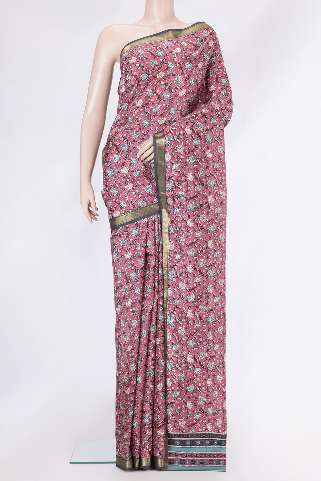 Pink Dual Tone Kanchipuram Silk Saree with Printed design on the body and Zari Border.  displayed on a mannequin
