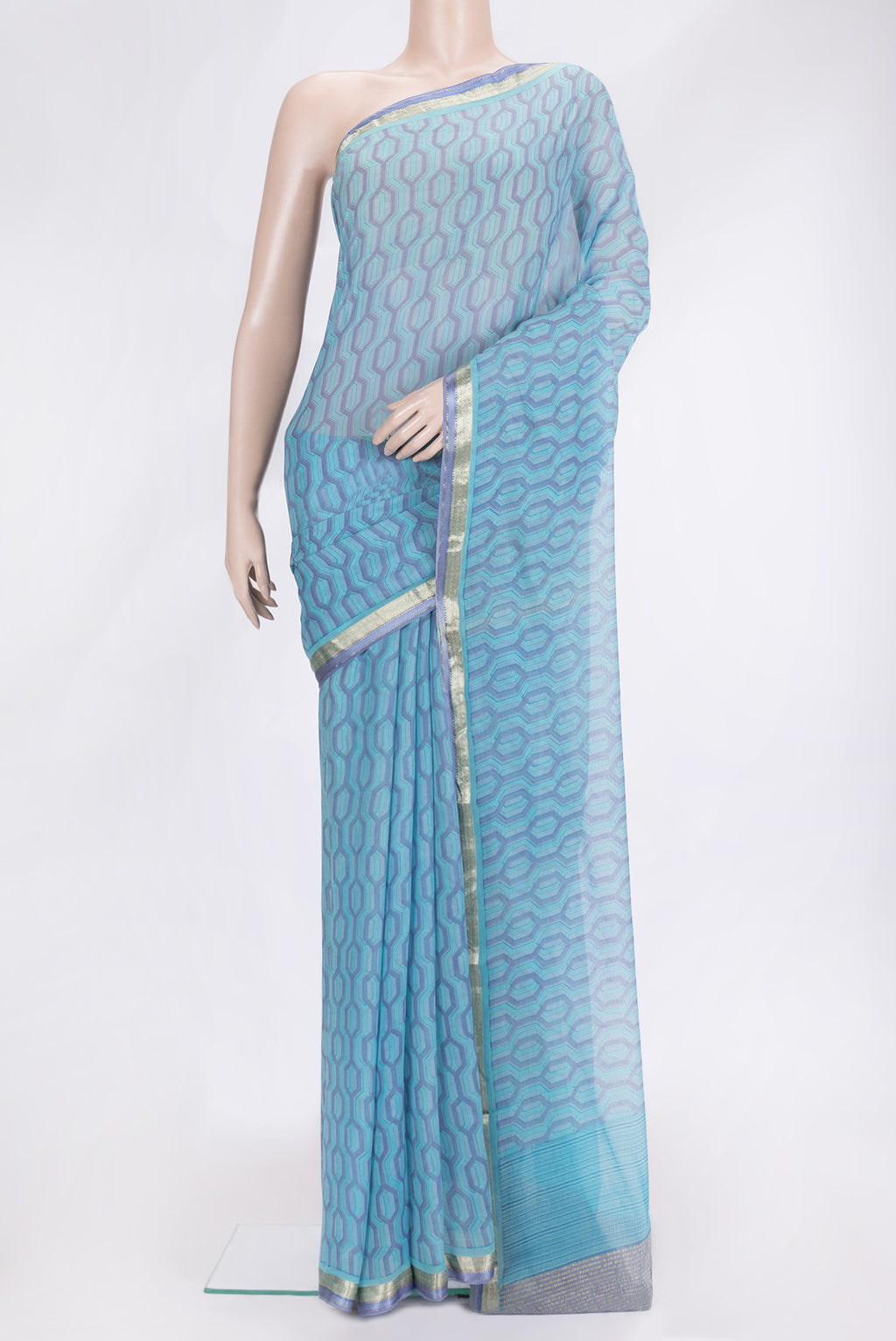 Sky Blue Dual Tone Mysore Chiffon Saree with Printed design on the body and Plain Border.  displayed on a mannequin