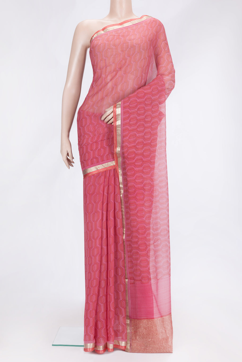 Pink Dual Tone Mysore Georgette Saree with Printed design on the body and Zari Border.  displayed on a mannequin