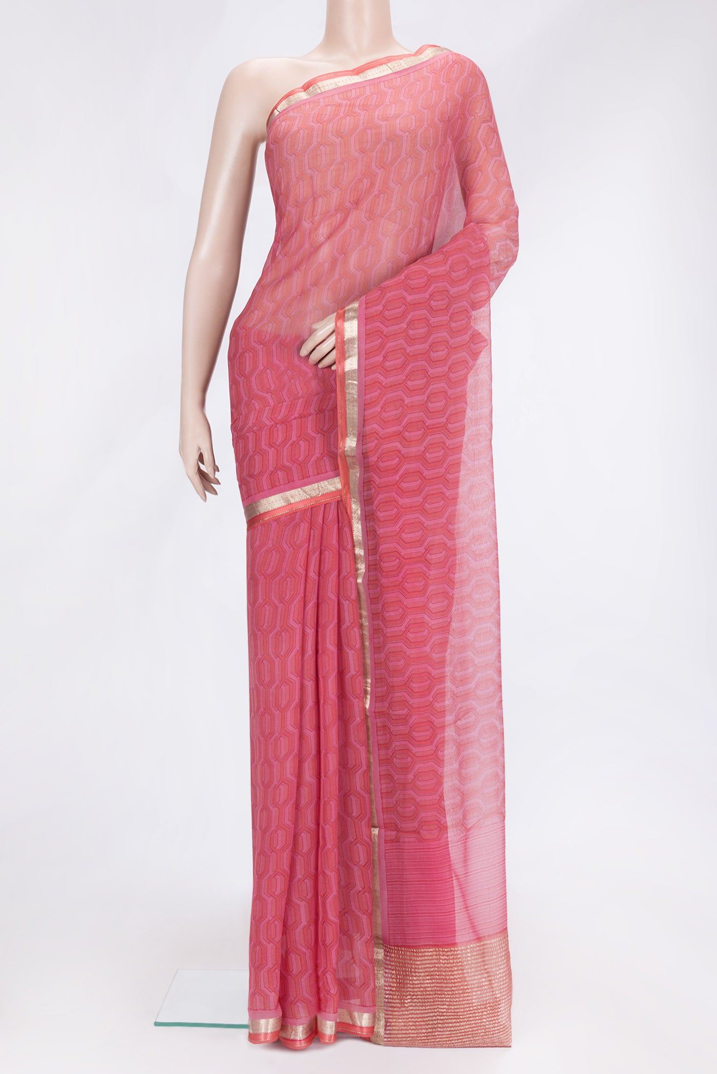 Pink Dual Tone Mysore Georgette Saree with Printed design on the body and Zari Border.  displayed on a mannequin