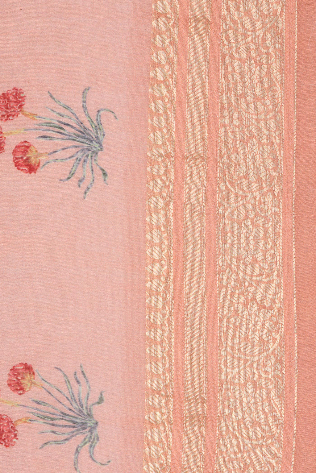 Border image of Pure Silk Peach Dual Tone Chanderi Saree with Printed design on the body and Zari Border. 