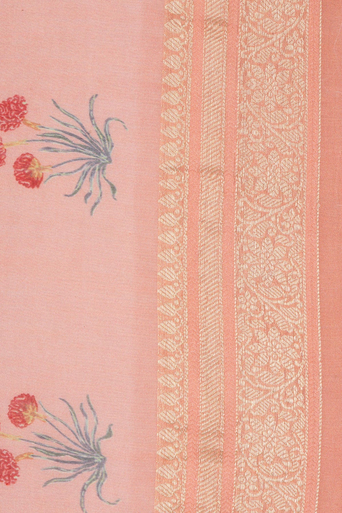 Border image of Pure Silk Peach Dual Tone Chanderi Saree with Printed design on the body and Zari Border. 