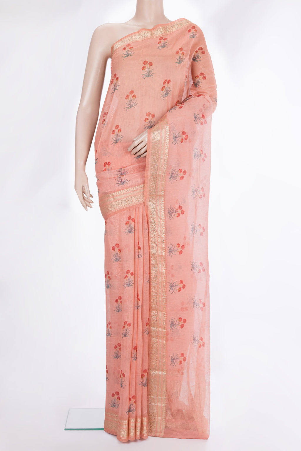 Pure Silk Peach Dual Tone Chanderi Saree with Printed design on the body and Zari Border.  displayed on a mannequin