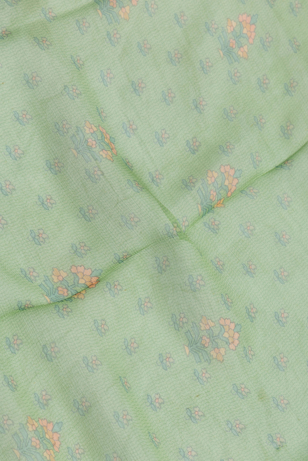 Close up of Green Dual Tone Mysore Chiffon Saree with Printed design on the body and Zari Border.  displaying folds