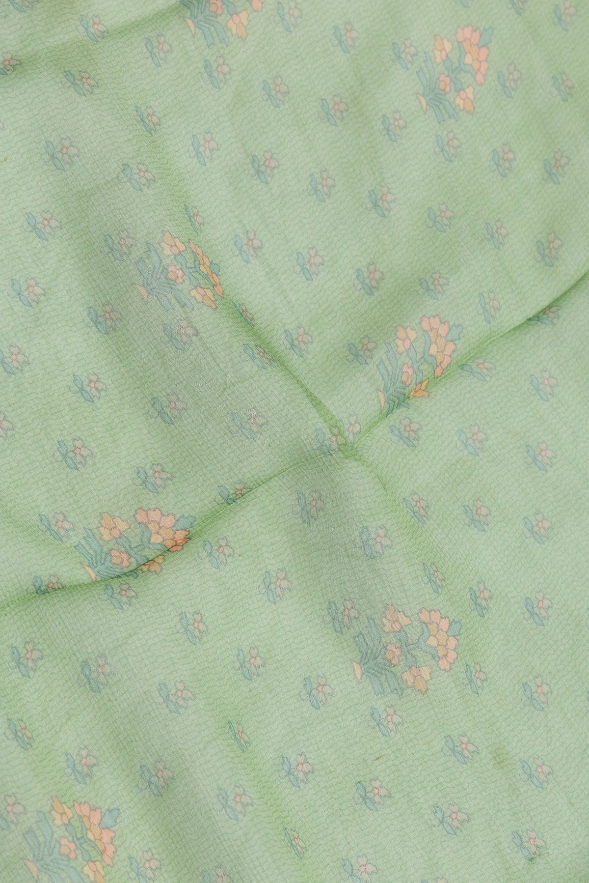 Close up of Green Dual Tone Mysore Chiffon Saree with Printed design on the body and Zari Border.  displaying folds