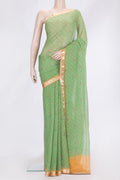 Green Dual Tone Mysore Chiffon Saree with Printed design on the body and Zari Border.  displayed on a mannequin