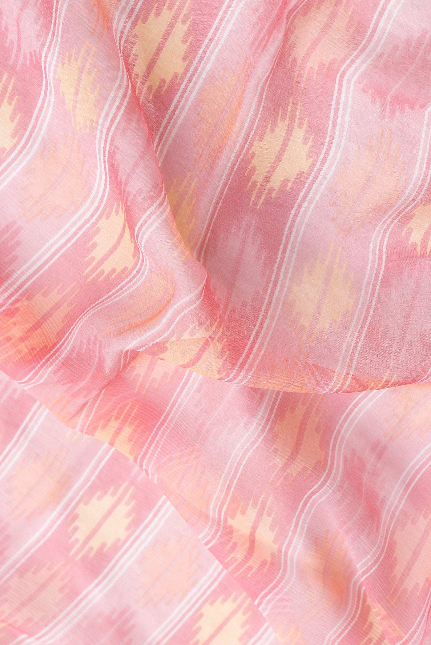 Close up of Pink Dual Tone Mysore Chiffon Saree with Printed design on the body and Zari Border.  displaying folds