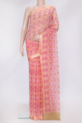 Pink Dual Tone Mysore Chiffon Saree with Printed design on the body and Zari Border.  displayed on a mannequin