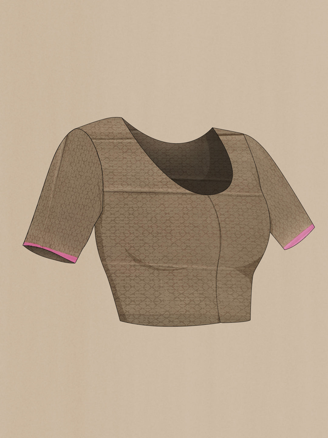 Close up image of the blouse of Brown Dual Tone Mysore Chiffon Saree with Printed design on the body and Zari Border. 