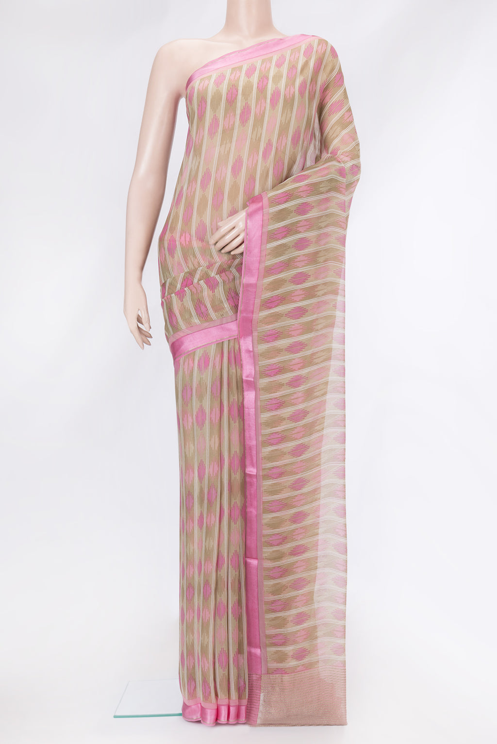 Brown Dual Tone Mysore Chiffon Saree with Printed design on the body and Zari Border.  displayed on a mannequin