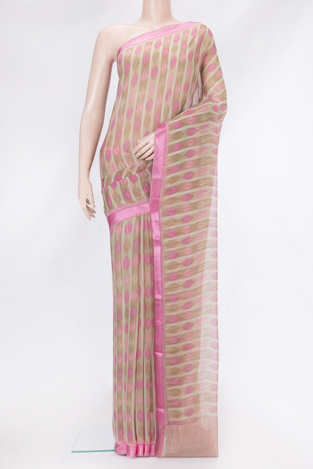 Brown Dual Tone Mysore Chiffon Saree with Printed design on the body and Zari Border.  displayed on a mannequin