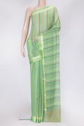 Parrot Green Dual Tone Mysore Chiffon Saree with Printed design on the body and Zari Border.  displayed on a mannequin