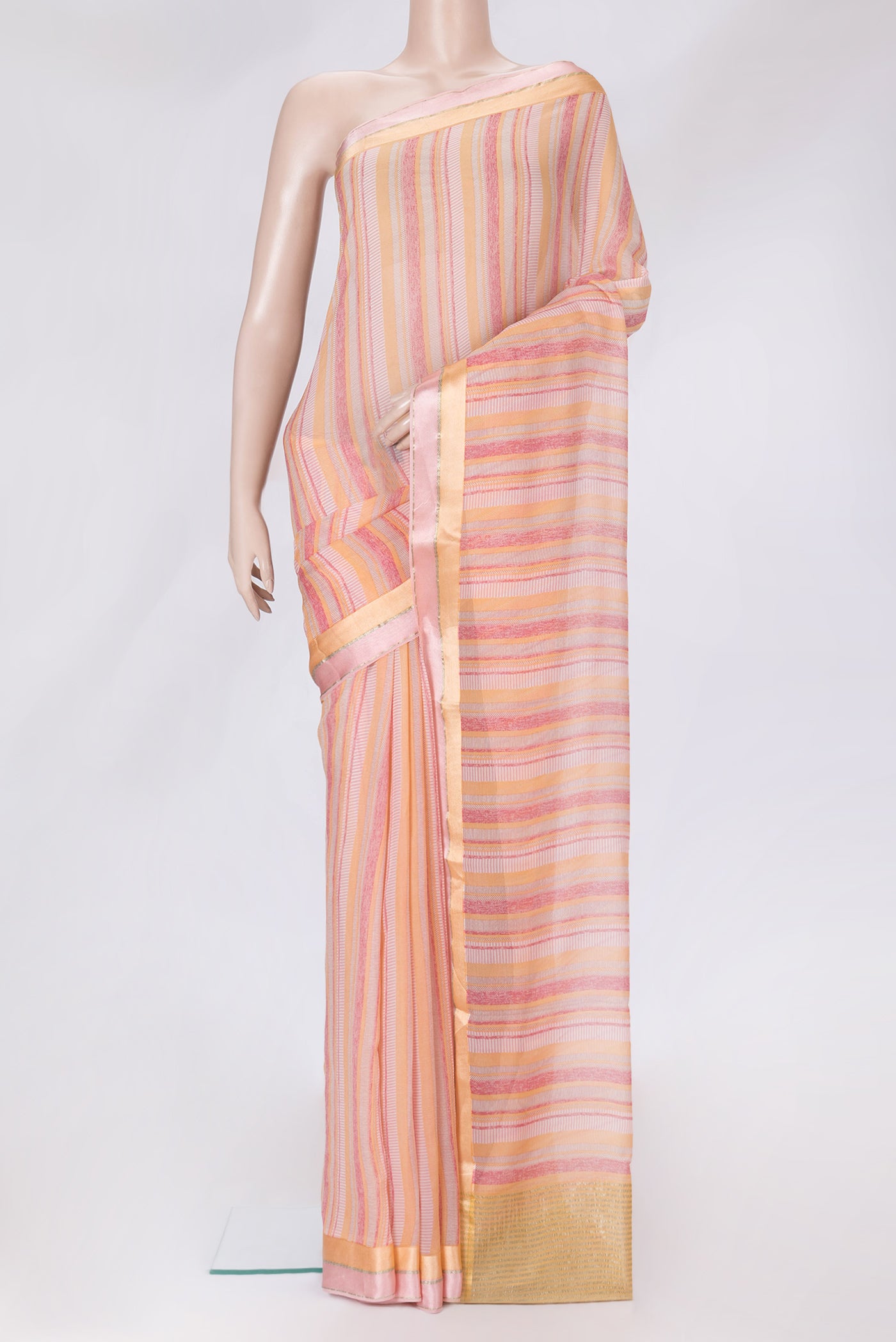 Pink Dual Tone Mysore Chiffon Saree with Printed design on the body and Zari Border.  displayed on a mannequin
